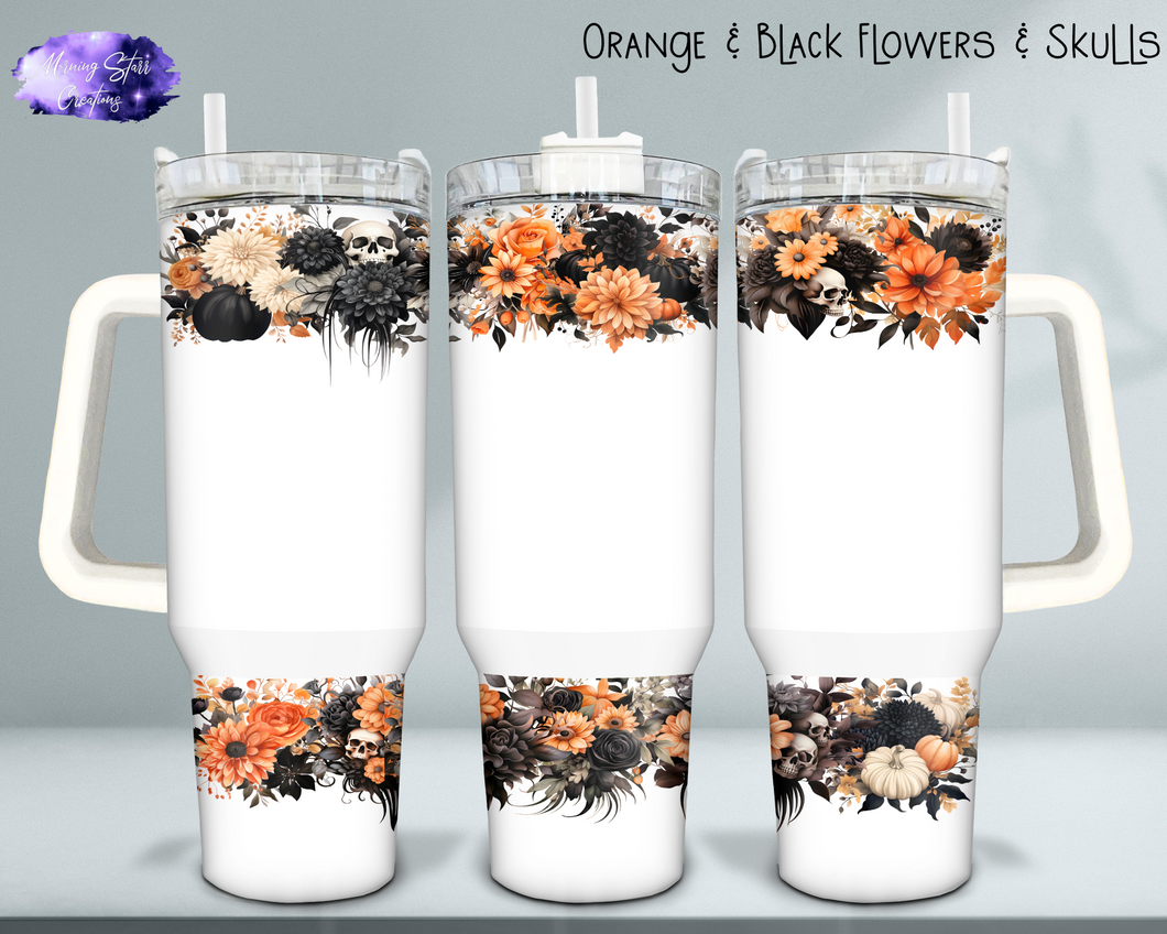 Orange & Black Flowers with Skulls 40 oz Tumbler