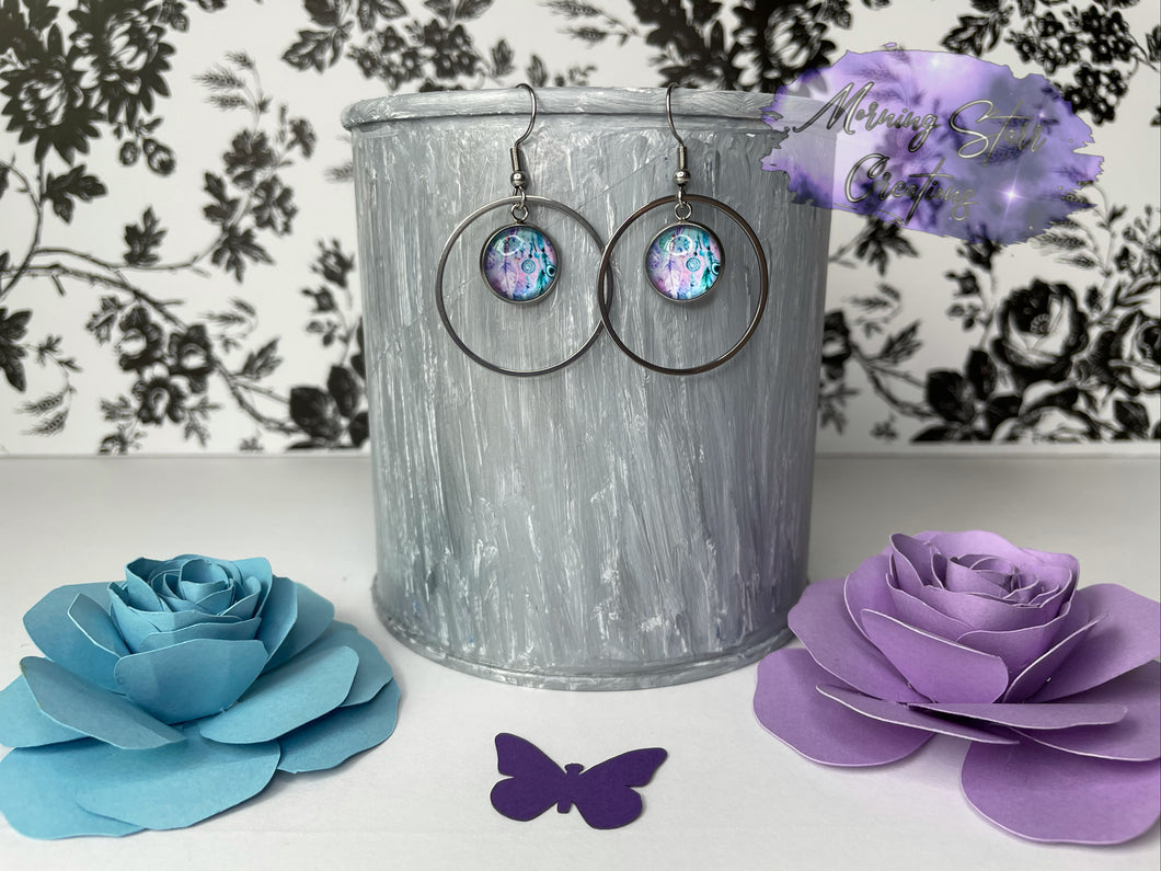 Purple and Blue Dreamcatchers in Single Sterling Silver Hoop Earrings