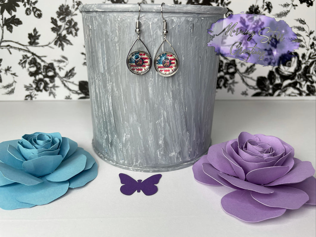 Peace American Flag Sunflower in Sterling Silver Teardrop Earrings