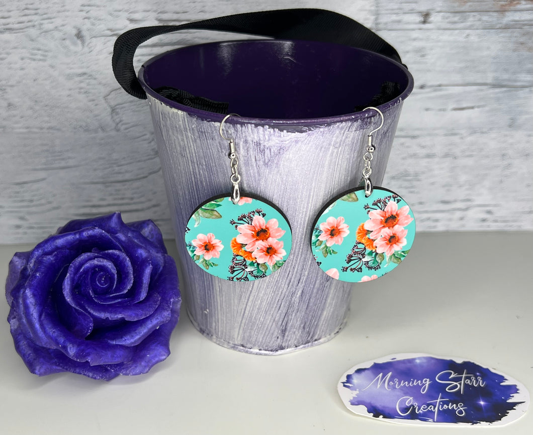 Round Green with Pink Flowers Earrings