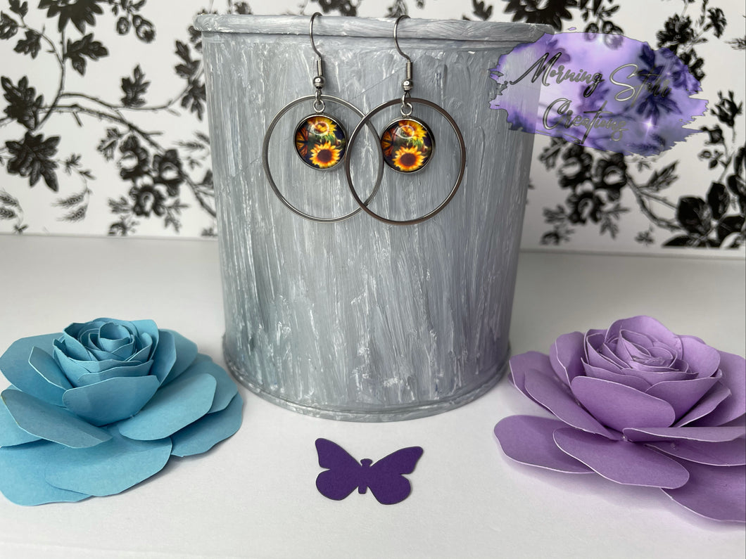 Yellow Sunflower and Butterfly Single Sterling Silver Hoop Hopp Earrings