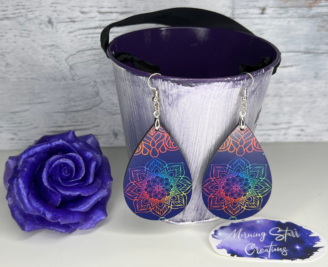 Black Rainbow Mandala Teardrop Earrings