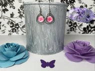 Pink Rose in Sterling Silver Heart Earrings